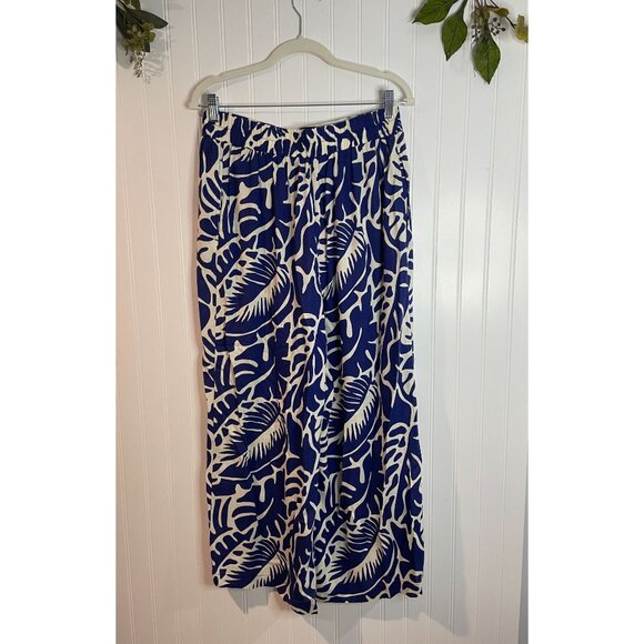 Rose + Olive Womens Elastic Waist Blue & White Tropical Print Wide-Leg Pants SzM - Picture 2 of 15